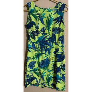 John Roberts Petite Tropical Leaf Print Sheath Dress Lime Green Blue Size 6P